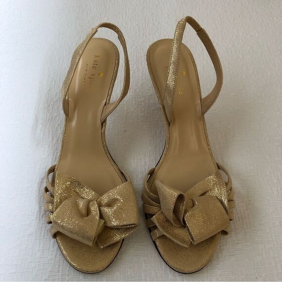 NEW Kate Spade Maribeth Gold Metallic Bow Slingback Pumps Sz 7 - Picture 2 of 14